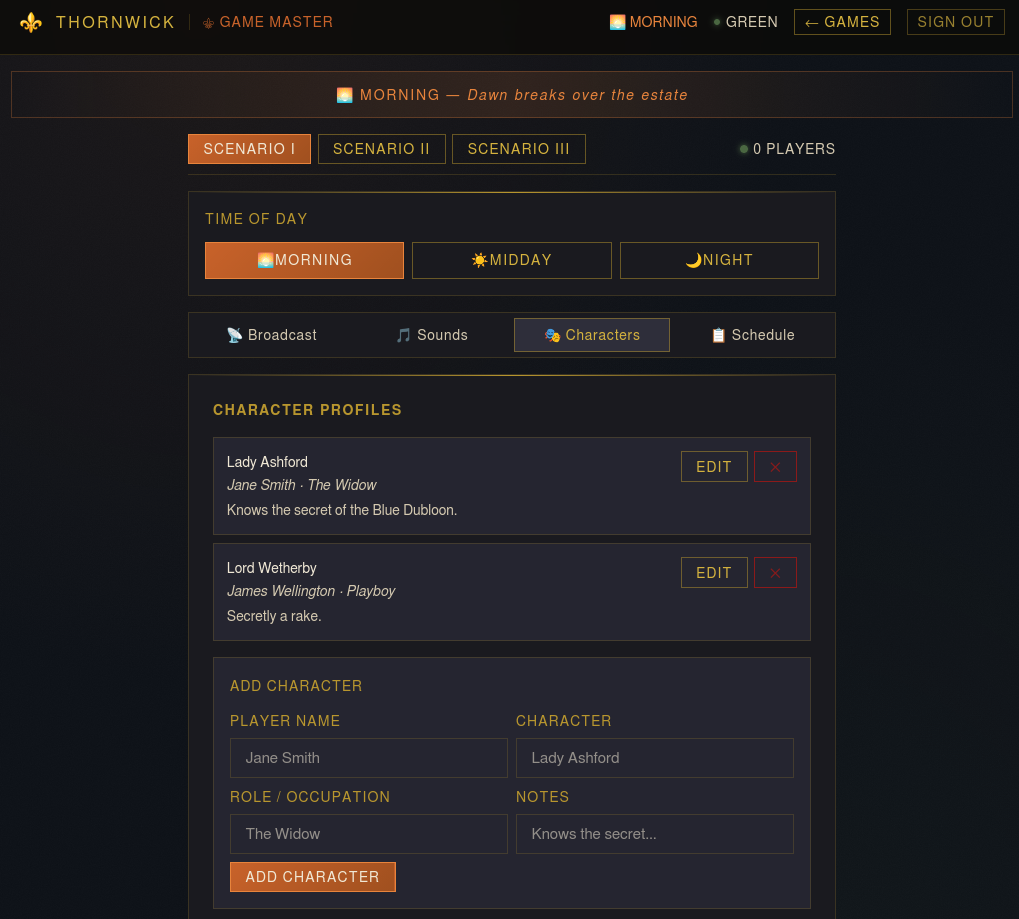 Thornwick — Character management view