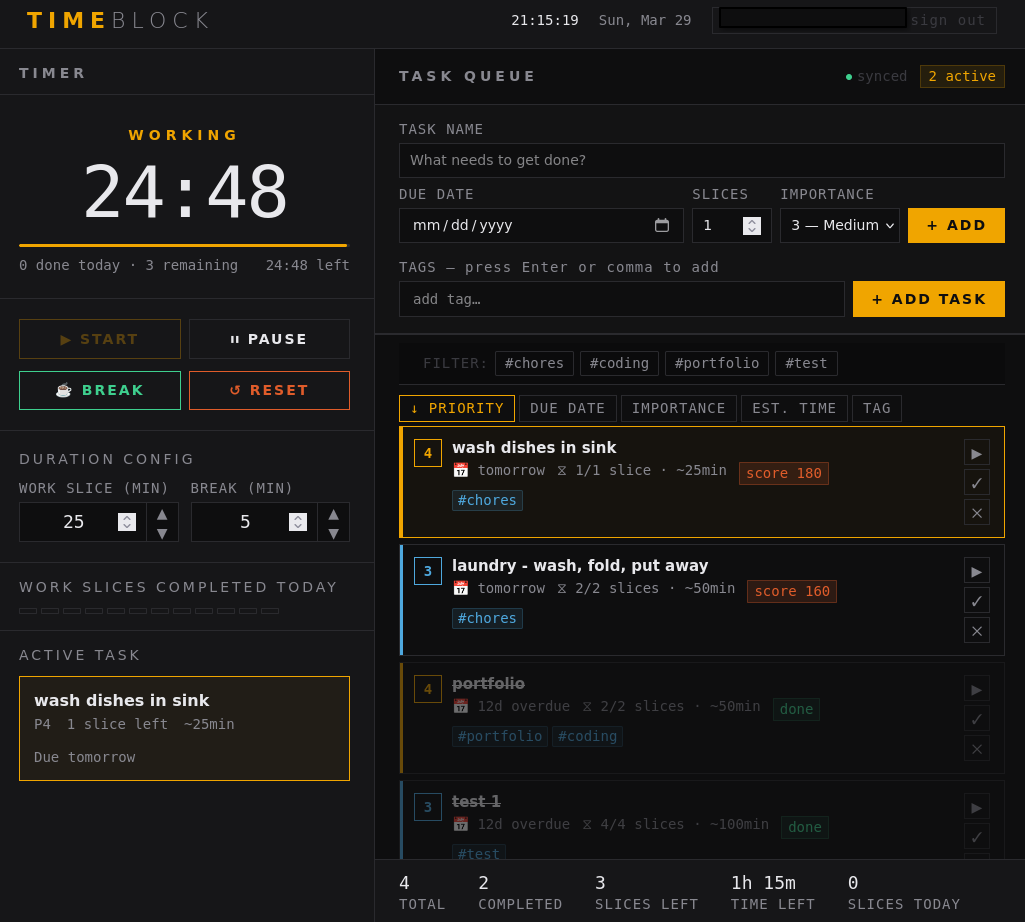 TIMEBLOCK — Task list and timer view